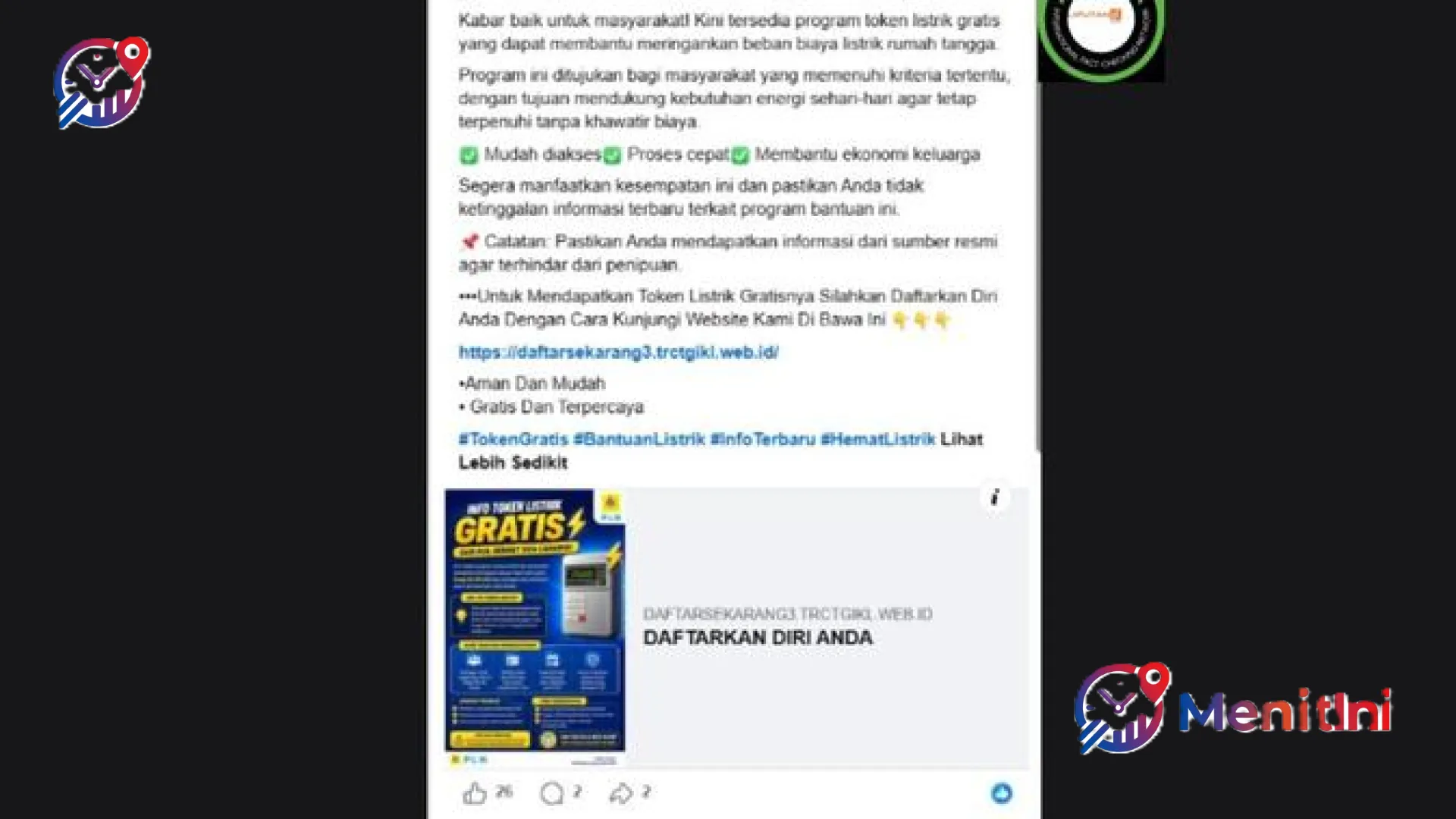 Waspada Penipuan! MenitIni Bongkar Hoaks Link Pendaftaran Program Token Listrik Gratis yang Catut Nama PLN