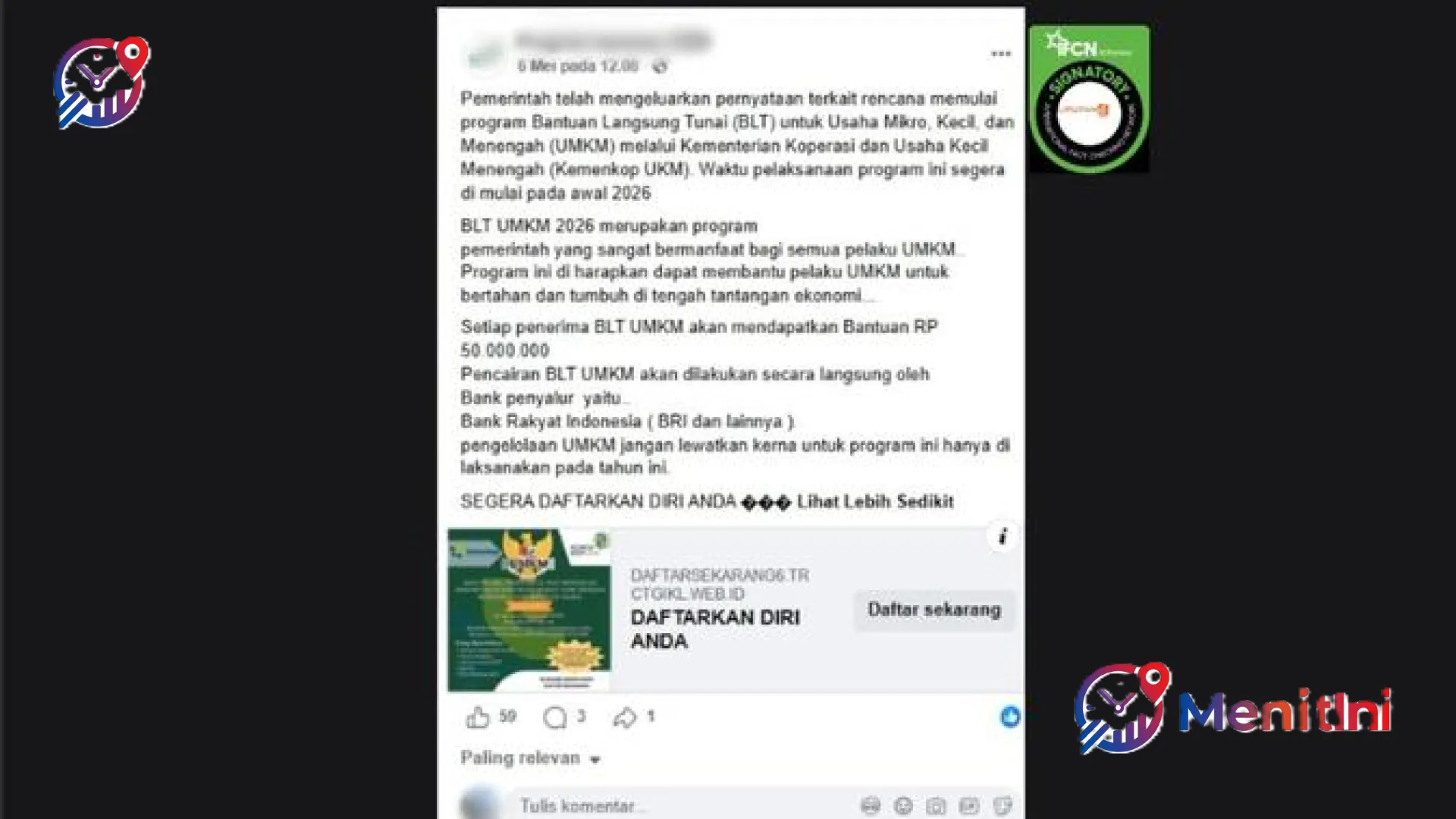 Waspada Penipuan! MenitIni Bongkar Fakta Hoaks Link Pendaftaran BLT UMKM Rp 50 Juta Tahun 2026